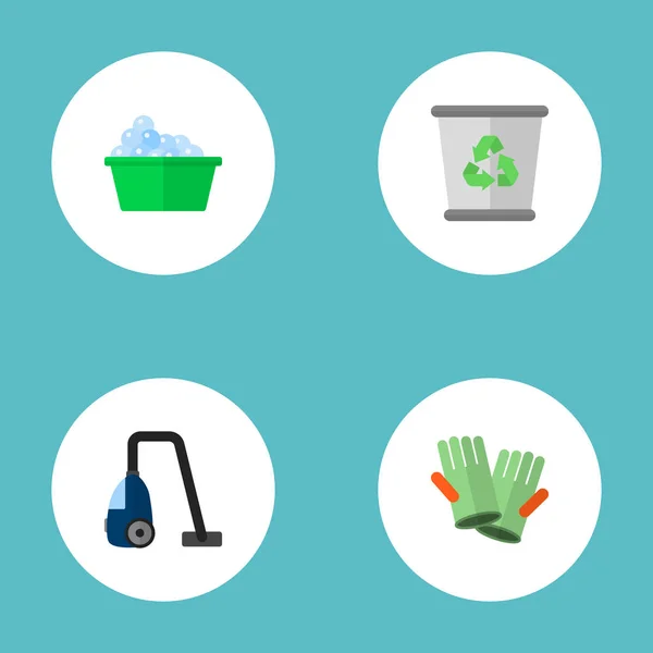 Set di icone per l'igiene simboli in stile piatto con aspirapolvere, panno, guanti per la pulizia e altre icone per il design del logo dell'app mobile web . — Vettoriale Stock