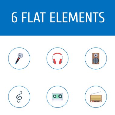 Mikrofon, tiz nota anahtarı, kaset ve diğer simgeler web mobil app logo tasarımı için stüdyo simgeler düz stil sembollerle kümesi.