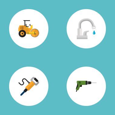 İnşaat simgeler düz stil sembolleri jackhammer, yol silindiri, matkap ve web mobil app logo tasarımı için diğer simgeler kümesi.