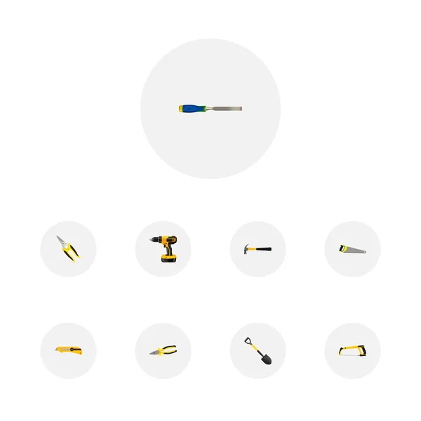 Set tools realistische symbolen met schuintrekken, boor, schop en andere pictogrammen voor uw web mobiele app logo ontwerp. — Stockfoto