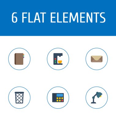 Posta, telefon, kahve makinesi ve diğer simgeler web mobil app logo tasarımı için office simgeleri düz stil sembollerle kümesi.