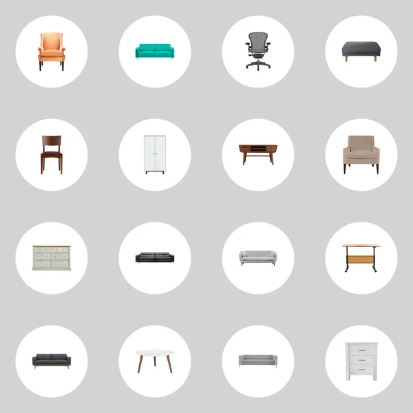 Conjunto de símbolos realistas de muebles con silla, sofá, armario y otros iconos para el diseño del logotipo de su aplicación móvil web . — Vector de stock