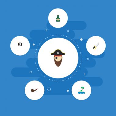 Dizi korsanlık simgeler düz stil sembolleri bayrak, ROM, İçilmeyen boru ve diğer simgeler web mobil app logo tasarımı için.