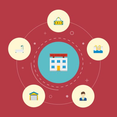 Emlak simgeleri düz stil sembolleri satışı işareti, garaj, havuzu ve web mobil app logo tasarımı için diğer simgeler kümesi.