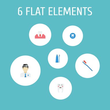 Diş simgeler düz stil sembolleri ile sağlıklı, diş hekimi, diş fırçası ve web mobil app logo tasarımı için diğer simgeler kümesi.