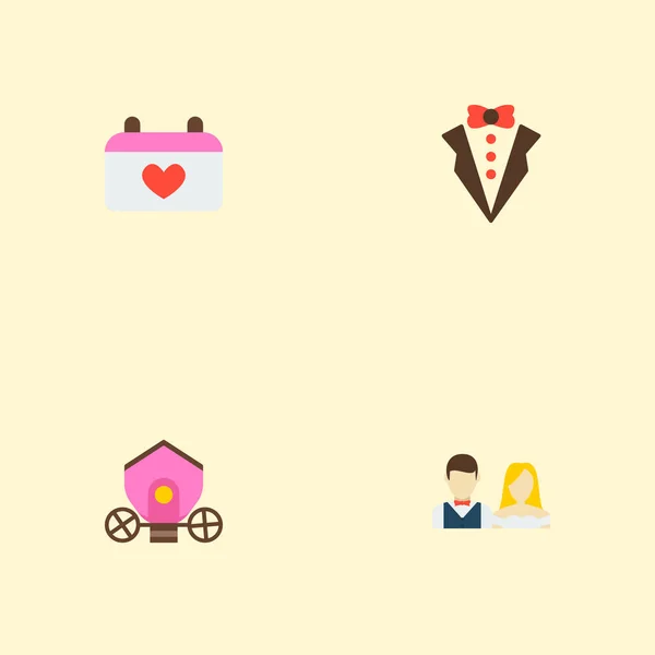 Conjunto de iconos de matrimonio símbolos de estilo plano con brougham, traje de novio, recién casados y otros iconos para el diseño del logotipo de su aplicación móvil web . — Archivo Imágenes Vectoriales