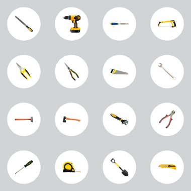 Kesici, marangoz, Yamultma ve diğer simgeler web mobil app logo tasarımı için aletleri gerçekçi simgeler kümesi.