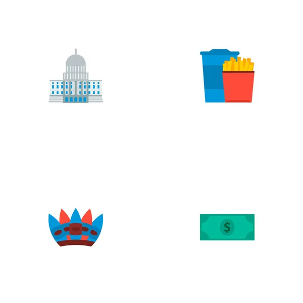 Conjunto de ícones da América símbolos de estilo plano com dólares, fast food, ícones americanos nativos e outros para o design do logotipo do seu aplicativo móvel web . —  Vetores de Stock