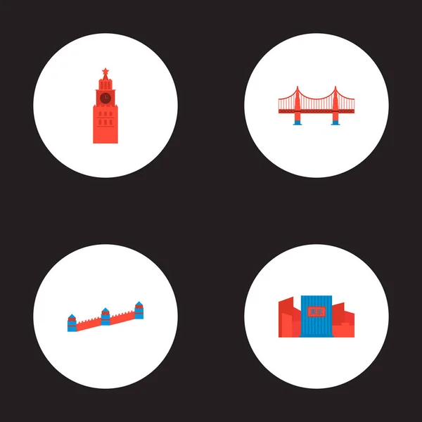 设置地标图标与金色大门, 克里姆林宫, 长城和其他图标的平面风格符号为您的 web 移动应用程序徽标设计. — 图库矢量图片