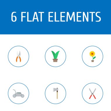 Bahçe simgeler düz stil sembollerle secateurs, balta, makas ve web mobil app logo tasarımı için diğer simgeler kümesi.