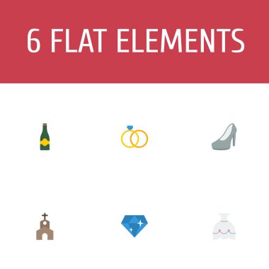 Gelin elbise, kilise, topuklu ayakkabı ve diğer simgeler web mobil app logo tasarımı için tören simgeler düz stil sembollerle kümesi.