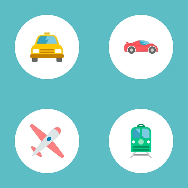 Taksi, uçak, elektrikli tren ve diğer simgeler web mobil app logo tasarımı için taşıma simgeler düz stil sembollerle kümesi. — Stok Vektör