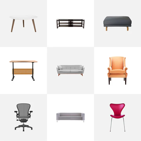 Conjunto de símbolos realistas de muebles con mesa, escritorio, mesa redonda y otros iconos para el diseño del logotipo de su aplicación móvil web . — Vector de stock