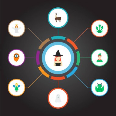 Cadı, gnome, melek ve diğer simgeler web mobil app logo tasarımı için fantezi simgeler düz stil sembollerle kümesi.