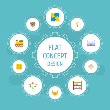 Oyuncak ayı, boncuk, bebek oyuncak ve diğer simgeler web mobil app logo tasarımı için çocuk simgeler düz stil sembollerle kümesi.