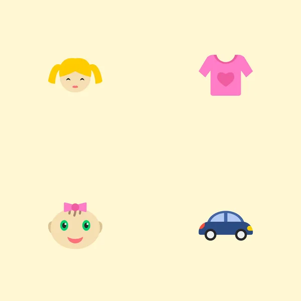 Set kind pictogrammen vlakke stijl symbolen met babymeisje, speelgoedauto, babyshirt en andere pictogrammen voor uw web mobiele app logo ontwerp. — Stockvector