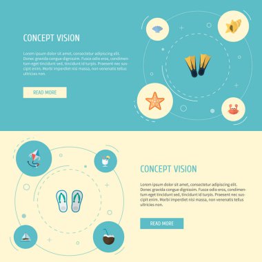 Lavabo, deniz yıldızı, deniz hayvanı kabuğu ve diğer simgeler web mobil app logo tasarımı için plaj simgeler düz stil sembollerle kümesi.