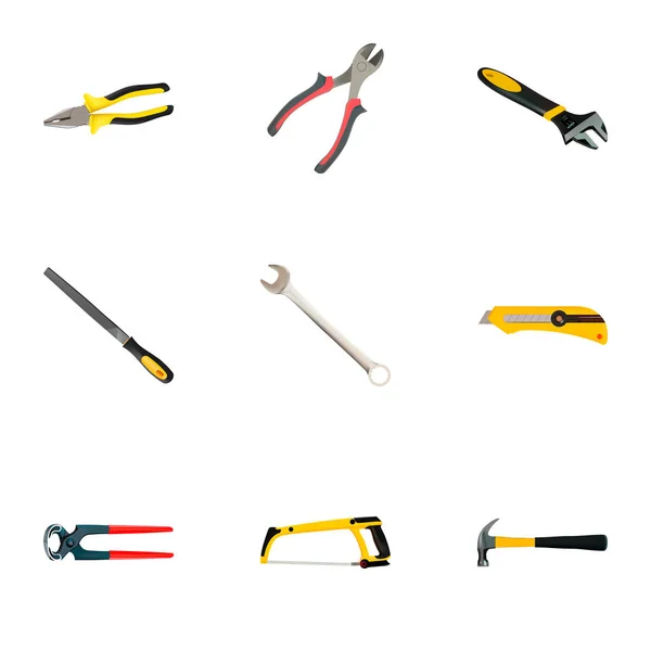 Conjunto de herramientas de símbolos realistas con sierra de arco, martillo, archivo rasp y otros iconos para el diseño del logotipo de su aplicación móvil web . — Foto de Stock