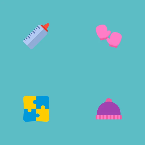 套婴儿图标平面式符号与婴儿奶瓶, 益智, 冬季帽子和其他图标为您的 web 移动应用程序徽标设计. — 图库矢量图片