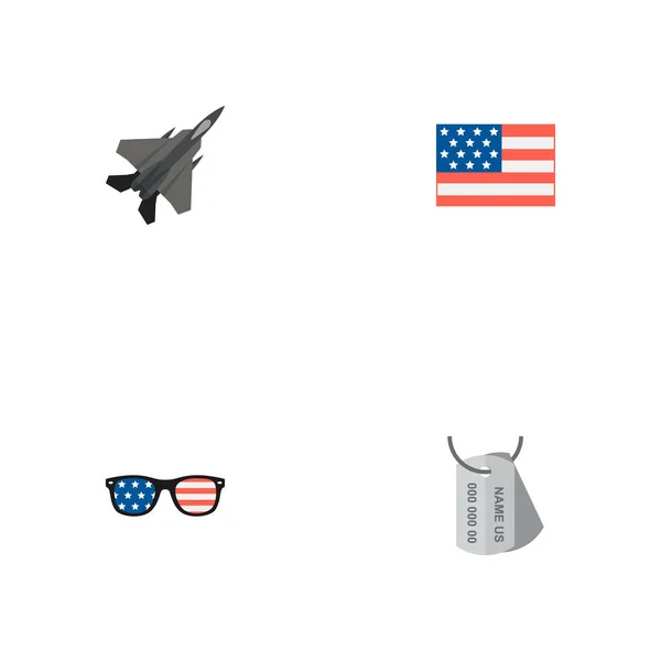 Set ikon memorial gaya datar simbol dengan tag tentara, kacamata usa, bendera dan ikon lain untuk desain logo web mobile Anda . - Stok Vektor