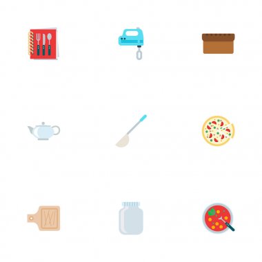 Simgeler düz stil sembollerle pizza, Kepçe, mikser ve diğer simgeler web mobil app logo tasarımı için pişirme seti.