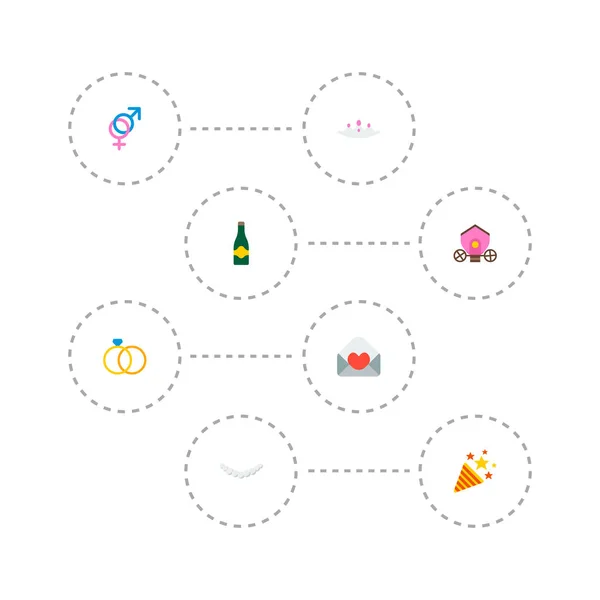 Şampanya, cinsiyet işaretler, yüzük ve diğer simgeler web mobil app logo tasarımı için düğün simgeler düz stil sembollerle kümesi. — Stok Vektör