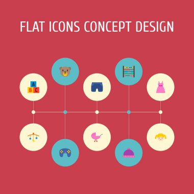 Bebek elbisesi, Bebek şort, Bebek ve diğer simgeler web mobil app logo tasarımı için çocuk simgeler düz stil sembollerle kümesi.