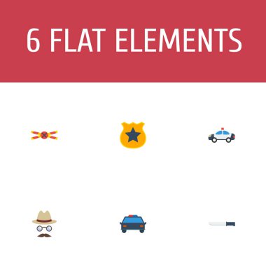 Suç simgeler düz stil sembollerle Dedektif, polis arabası, suç mahalli ve web mobil app logo tasarımı için diğer simgeler kümesi.