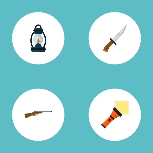 ランプ、ナイフ、狩猟用ライフル web モバイル アプリのロゴ デザインのため他のアイコンと野営地アイコン フラット スタイル記号のセット. — ストックベクタ