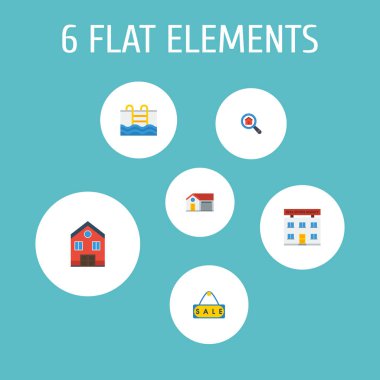 Taşınmaz simgeler düz stil sembolleri ile satışı işareti, ev, ev ve web mobil app logo tasarımı için diğer simgeler kümesi.