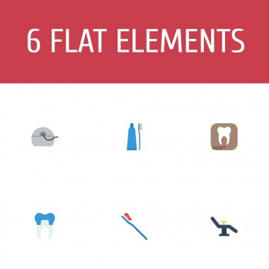 Diş simgeler düz stil sembollerle dişçi koltuğu, ipi, diş fırçası ve web mobil app logo tasarımı için diğer simgeler kümesi.