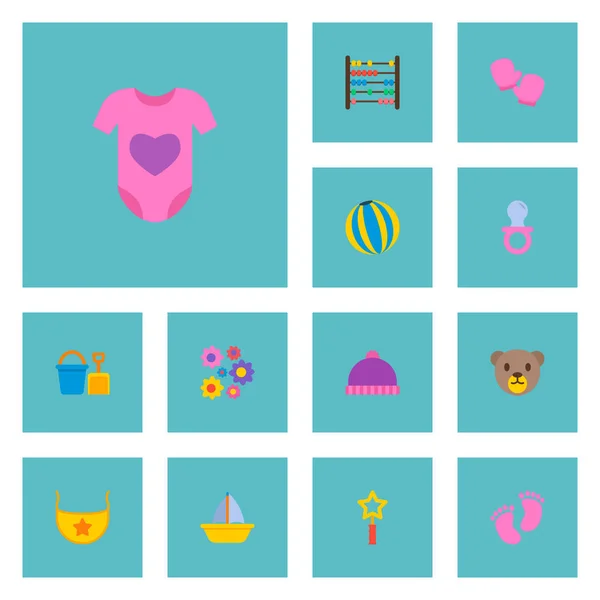 Készlet ikonok csecsemő lapos stílusú szimbólumok, gyöngyök, vödör, mackó és más ikonok a webes mozgatható app logo tervezés. — Stock Vector