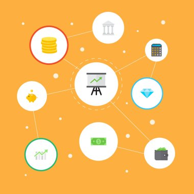 M-cüzdan, dolar, elmas ve diğer simgeler web mobil app logo tasarımı için Finans simgeler düz stil sembollerle kümesi.