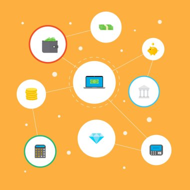 Set simgeleri düz stil sembollerle kumbara, cüzdan, sikke ve diğer simgeler web mobil app logo tasarımı için bankacılık.