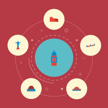 Ünlü simgeler düz stil sembollerle big Ben'e, tienanmen Meydanı, colosseum ve web mobil app logo tasarımı için diğer simgeler kümesi.