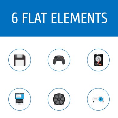 Defter, hdd, manevra kolu ve diğer simgeler web mobil app logo tasarımı için dizüstü bilgisayar simgeleri düz stil sembollerle kümesi.