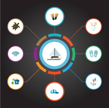 Kova, kabuk, flip flop ve diğer simgeler web mobil app logo tasarımı için plaj simgeler düz stil sembollerle kümesi.