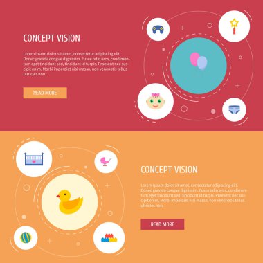 Bebek simgeler düz stil sembollerle ördek oyuncak, balon, bebek arabası ve diğer simgeler web mobil app logo tasarımı için kümesi.