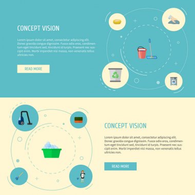 Simgeler düz stil sembollerle WISP, elektrikli süpürge, kova ile besom ve diğer simgeler web mobil app logo tasarımı için temizlik seti.