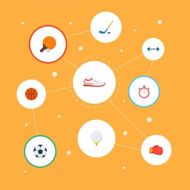 Futbol, kanca, basketbol ve diğer simgeler web mobil app logo tasarımı için faaliyet simgeleri düz stil sembollerle kümesi.