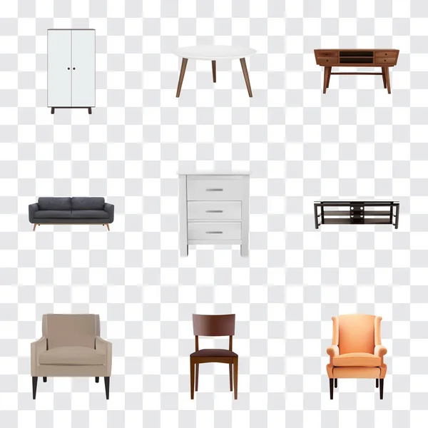 Ustaw projekt realistyczny symboli z krzesło, komoda, fotel i inne ikony dla projektu logo mobilnych aplikacji sieci web. — Wektor stockowy