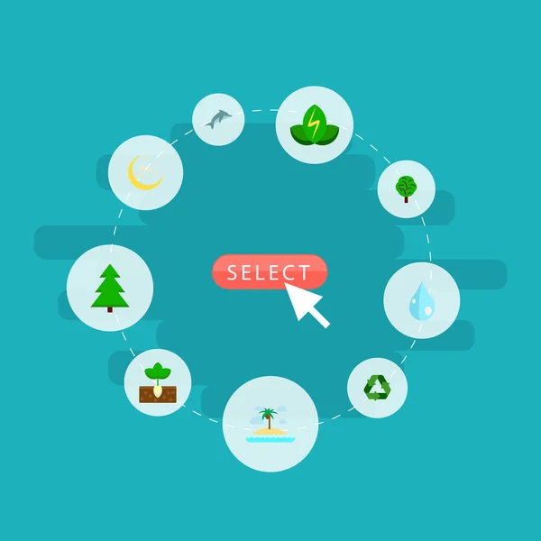设置自然图标平面样式符号与云杉, 海岛, 绿色力量图标为您的 web 移动应用程序徽标设计. — 图库矢量图片