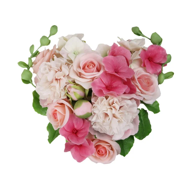Corazón Flores Rosas Peonías Hortensias Aisladas Sobre Blanco —  Fotos de Stock