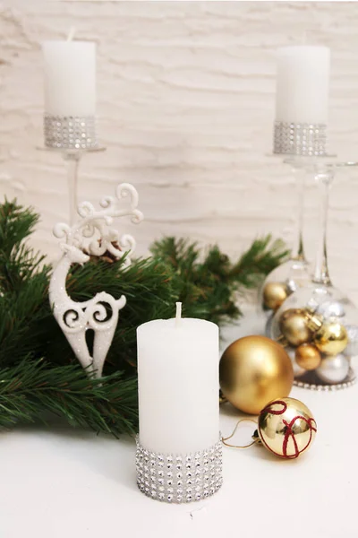 Christmas Decor Candles Candlesticks Christmas Toys Pine Preparations Holiday — Stock Photo, Image
