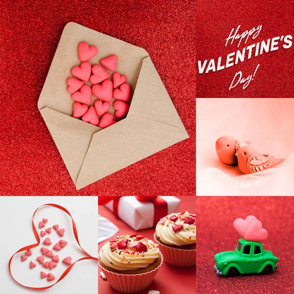 Hearts, couple of birds, flowers, cupcakes on a red background. Valentines day collage — Stock Photo, Image