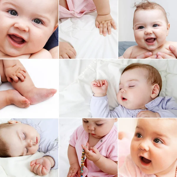 Collage neonato da diverse angolazioni: sorrisi felici e slee — Foto Stock