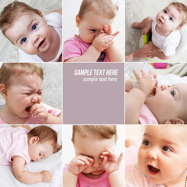 Collage neonato dorme, gioca, piange, si siede su una pentola, mangia. C — Foto Stock