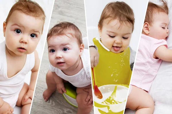 Collage bambino dorme, gioca, mangia, si siede su una pentola. Un bambino sano — Foto Stock