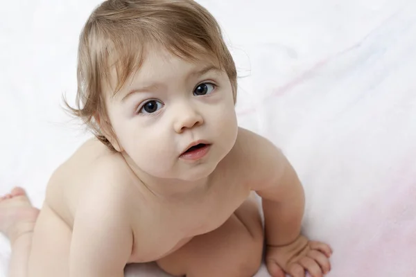 Little Baby Sits Bed Top View Copy Space — Stock Photo, Image