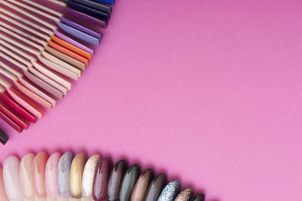 Δείγματα Χρωμάτων Από Βερνίκι Τζελ Άκρες Νυχιών Ροζ Φόντο Εξοικονόμηση — Φωτογραφία Αρχείου